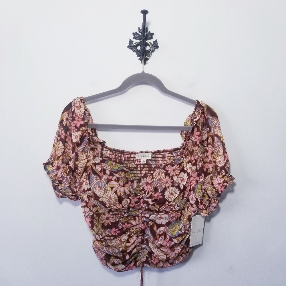 NWT Meraki Floral Blouse Size XL Crop Top Smocked Short Sleeve